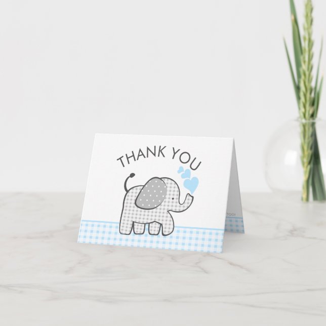 Tarjeta De Agradecimiento Elephant Baby Gracias Blue Gingham (Anverso)