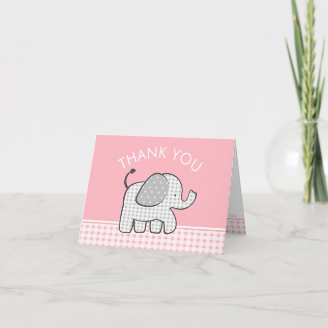 Tarjeta De Agradecimiento Elephant Baby Gracias Pink Gingham (Anverso)