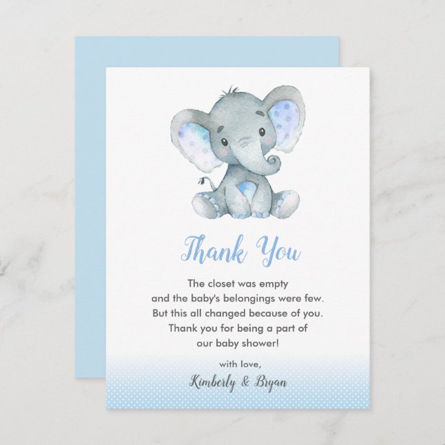 Tarjeta De Agradecimiento Elephant Baby Shower Gracias Cartas Niños Azul (Anverso / Reverso)