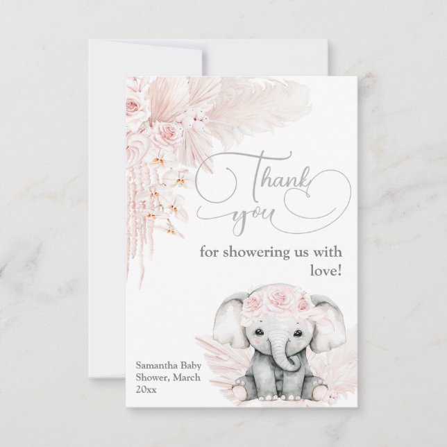 Tarjeta De Agradecimiento Elephant Blash Flor rosa Boho Baby Shower (Anverso)