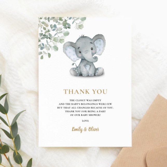 Tarjeta De Agradecimiento Elephant Greenery Gender Neutral Baby Shower (Subido por el creador)