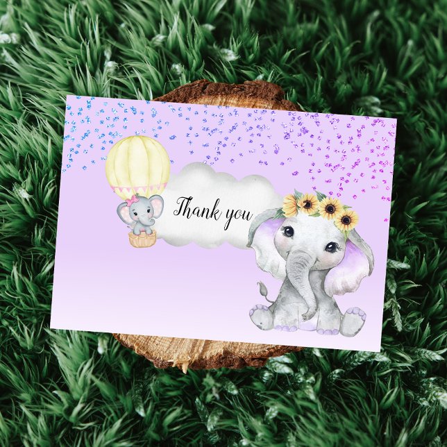 Tarjeta De Agradecimiento Elephant Hot Air Balloon Purple Baby Shower (Subido por el creador)