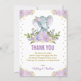 Tarjeta De Agradecimiento Elephant Lavender Purple Gold Floral Baby Shower