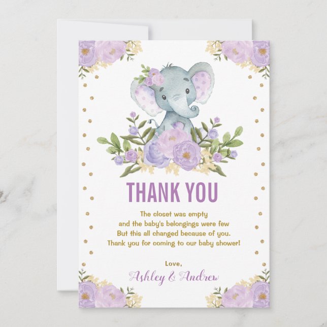 Tarjeta De Agradecimiento Elephant Lavender Purple Gold Floral Baby Shower (Anverso)