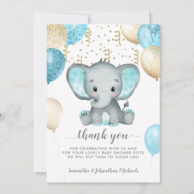Tarjeta De Agradecimiento Elephant Turquiose Balloons Baby Shower Gracias (Anverso)