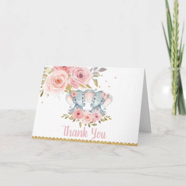 Tarjeta De Agradecimiento Elephant Twin Chicas Baby Shower Cumpleaños Gracia (Anverso)