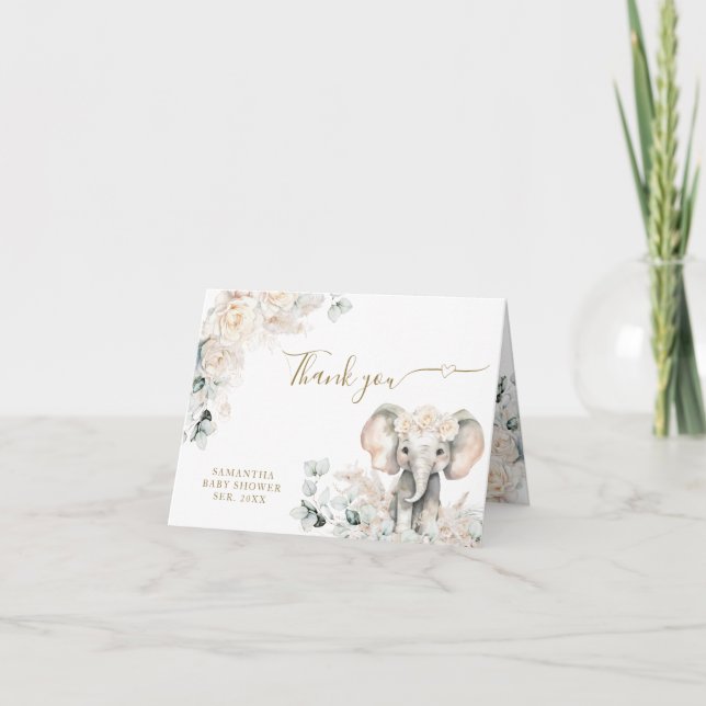 Tarjeta De Agradecimiento Elephant White Roses Boho Pampas Baby Shower (Anverso)