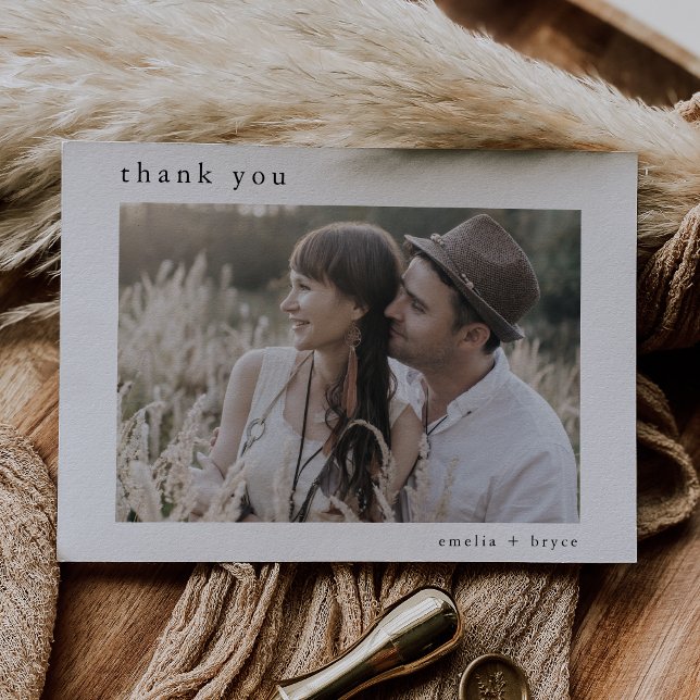 Tarjeta De Agradecimiento EMELIA Flat White Negro Bohemio Rústico Foto Boda (EMELIA Flat White Black Boho Rustic Photo Wedding Thank You Card)