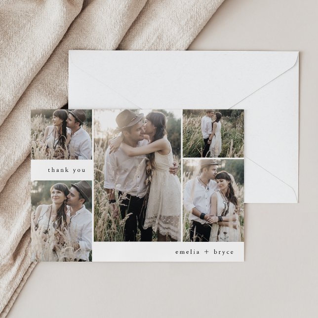 Tarjeta De Agradecimiento EMELIA Simple Moderno Boho Plano Multi Foto Boda (EMELIA Flat Simple Modern Boho Multi Photo Wedding Thank You Card)