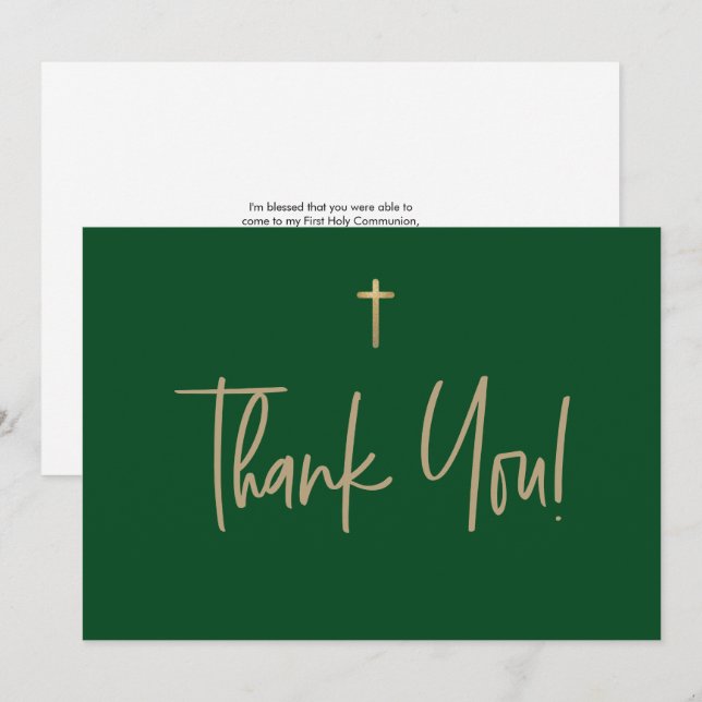 Tarjeta De Agradecimiento Emerald Green Gold Cross Nombre de la primera comu (Anverso / Reverso)