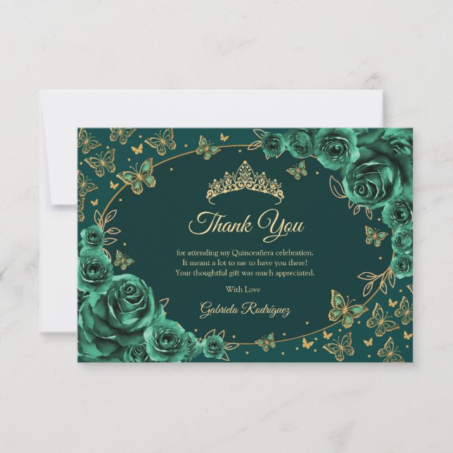 Tarjeta De Agradecimiento Emerald Green Gold Quinceanera (Anverso)