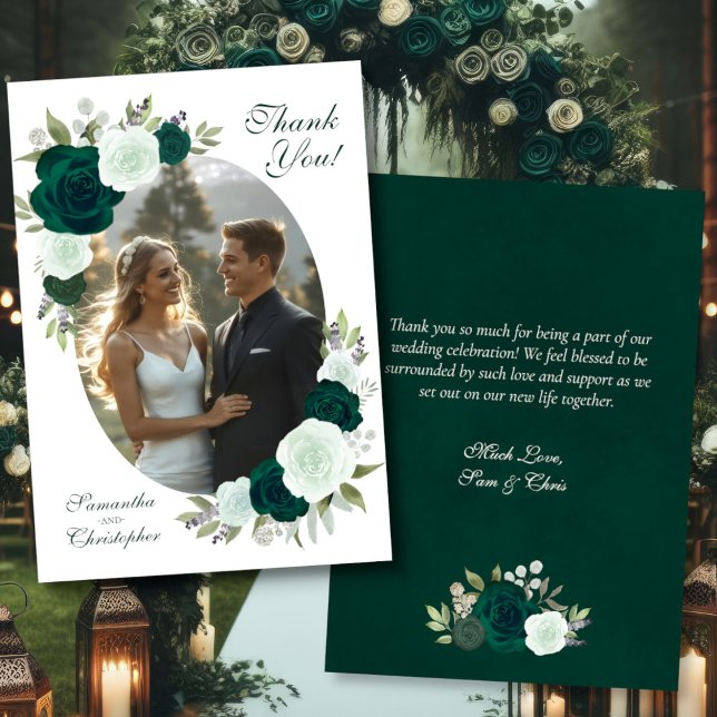 Tarjeta De Agradecimiento Emerald Green Roses Oval Photo Elegant Wedding (Front/Back)
