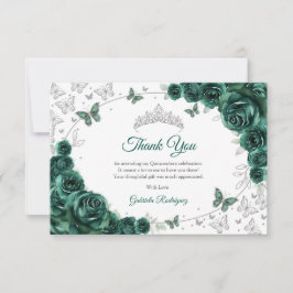 Tarjeta De Agradecimiento Emerald Green Silver Floral Quinceanera