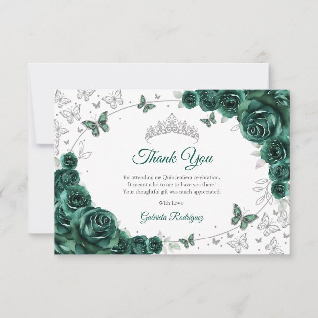 Tarjeta De Agradecimiento Emerald Green Silver Floral Quinceanera (Anverso)