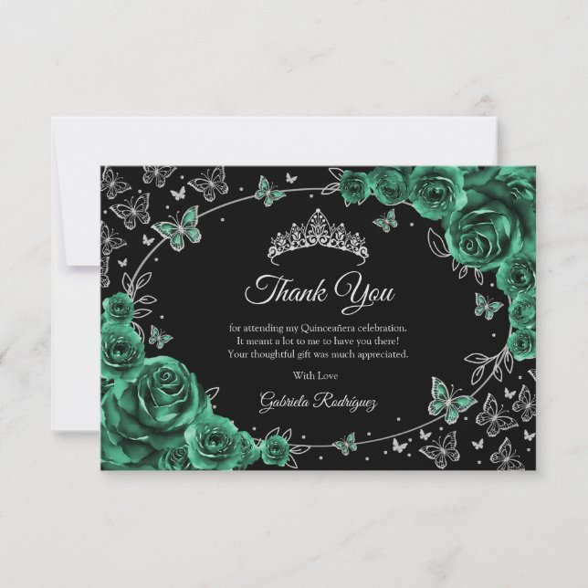 Tarjeta De Agradecimiento Emerald Green Silver Quinceanera (Anverso)