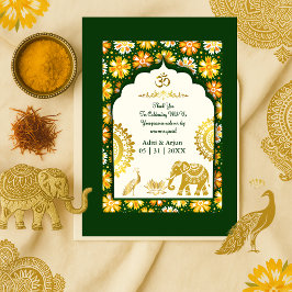 Tarjeta De Agradecimiento emerald ivory hindu ornate peacock om wedding 