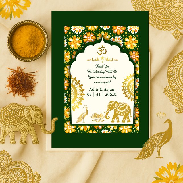 Tarjeta De Agradecimiento emerald ivory hindu ornate peacock om wedding  (Subido por el creador)
