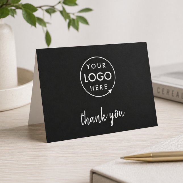 Tarjeta de agradecimiento empresarial | Logotipo p (A stylish sleek black horizontal folded logo thank you card perfect for small business appreciation)