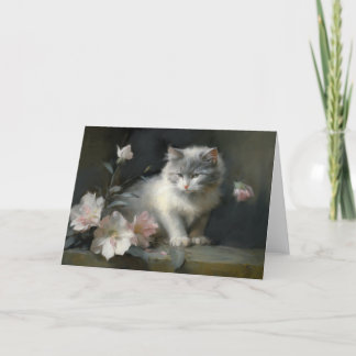 Tarjeta De Agradecimiento En compañía de flores Gris y Gatito Blanco