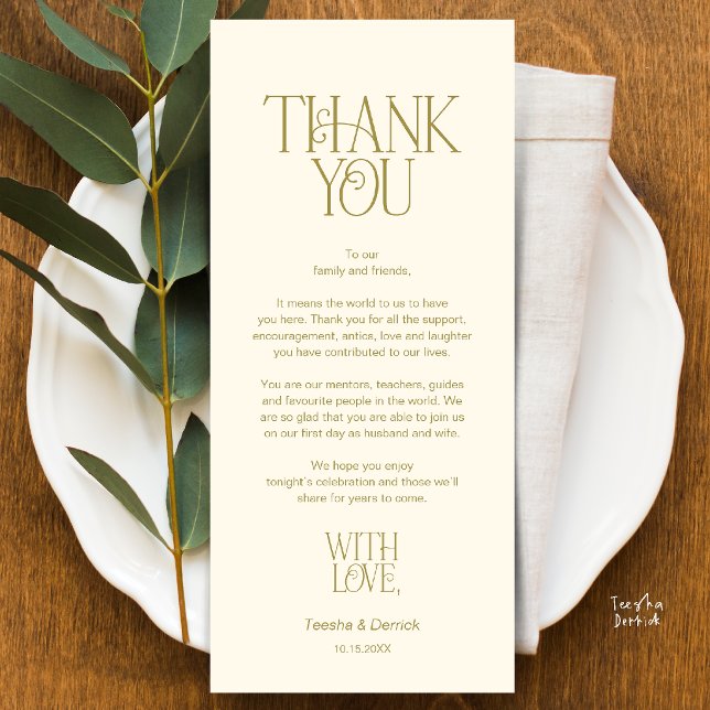 Tarjeta de agradecimiento en oro amarillo para la  (Modern Minimalist Wedding Dinner Place Setting Thank You Yellow Cream Gold Card)