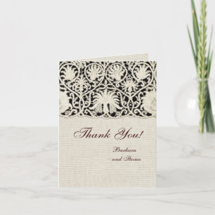 Tarjeta De Agradecimiento Encaje Antiguo de Boda Lino Blanco Clásico Hermoso
