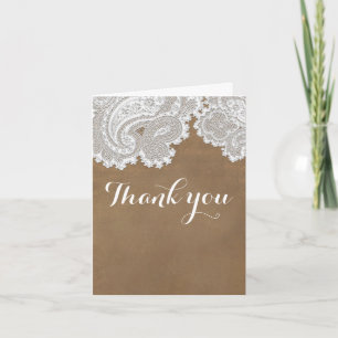 Tarjeta De Agradecimiento Encaje Blanco & Marrón Rústico Chic Elegante Boda