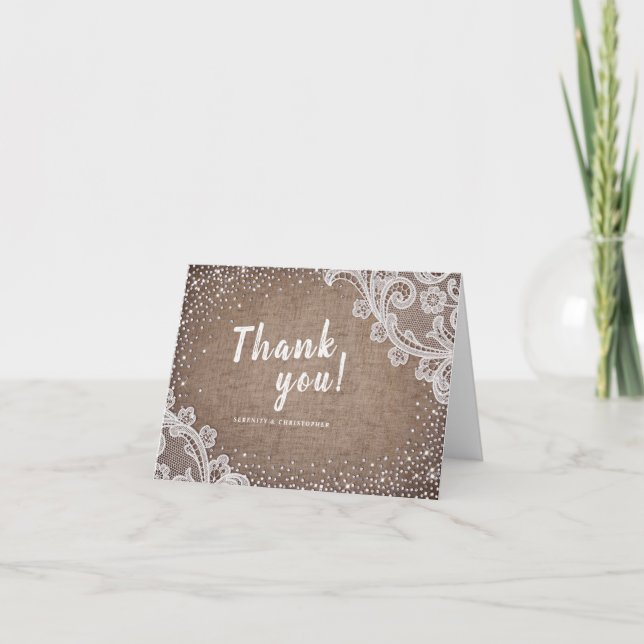Tarjeta De Agradecimiento Encaje de arpillera brillo rústico gracias boda (Anverso)