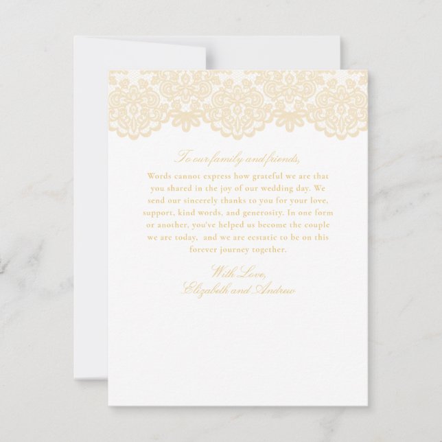 Tarjeta De Agradecimiento Encaje Dorado Sofisticado Elegante Boda Pre-Rellen (Anverso)