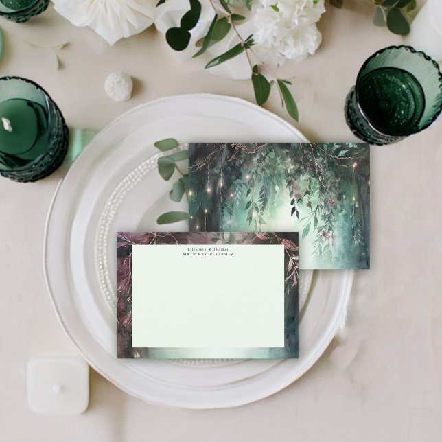 Tarjeta De Agradecimiento Encantado Boda de Mauve Verde Vines Magníficos For (enchanted forest wedding couple thank you modern elegant romantic watercolor gold vines emerald)