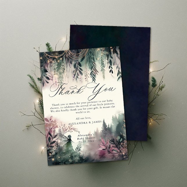 Tarjeta De Agradecimiento Encantado Forest Fairy Mountains Magic Baby Shower (baby shower thank you card enchanted forest fairy mountains emerald mauve watercolor elegant simple)