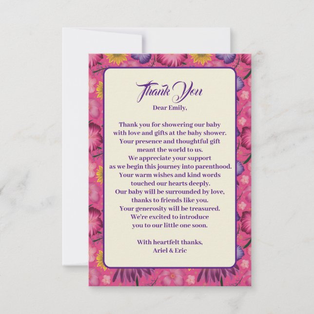Tarjeta De Agradecimiento Encantador Baby Shower rosado de Flor Silvestre (Anverso)