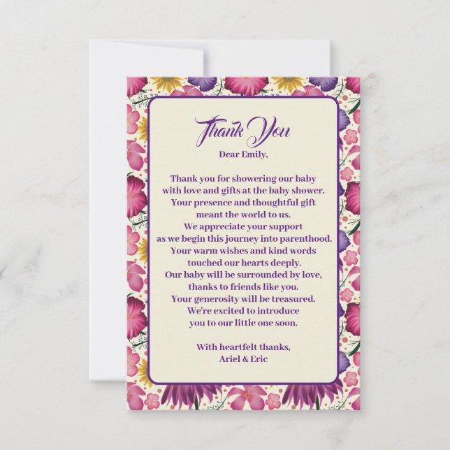 Tarjeta De Agradecimiento Encantador Baby Shower rosado de Flor Silvestre (Anverso)