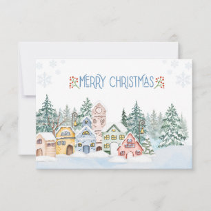 Tarjeta De Agradecimiento Encantador pueblo nevado Navidad en acuarela