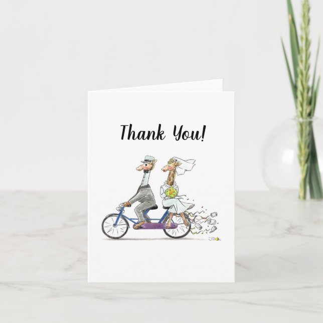 Tarjeta De Agradecimiento encantadora pareja boda giraffe en bicicleta (Anverso)