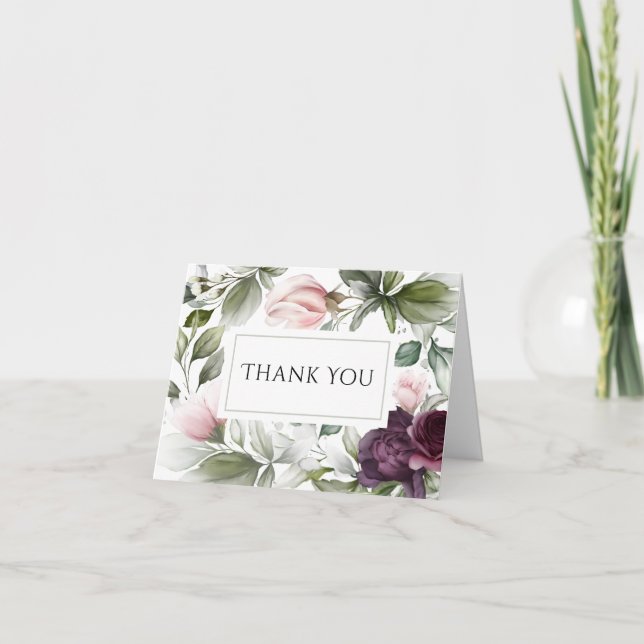 Tarjeta De Agradecimiento Encanto Botánico de Acuarela Rosa y Ciruela (Anverso)