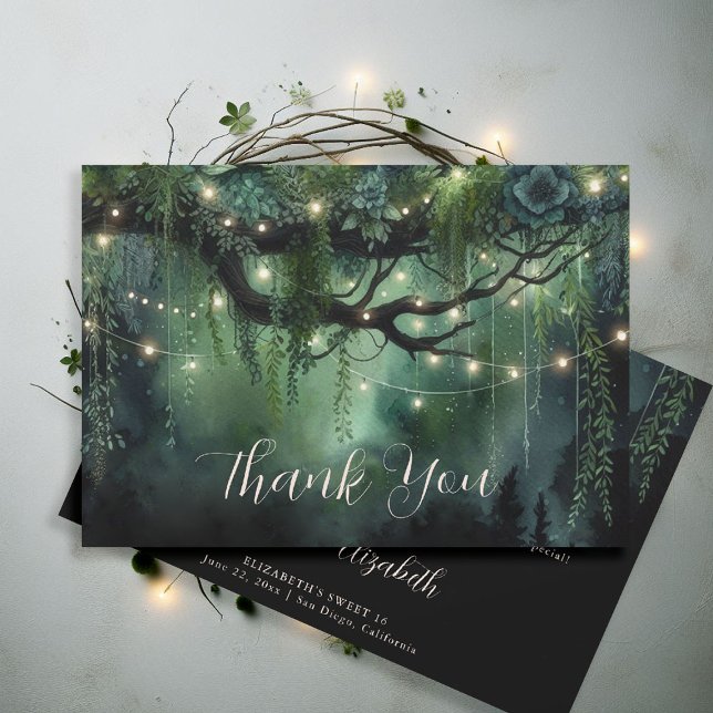 Tarjeta De Agradecimiento Enchanted Forest Emerald Floral Fairy Sweet 16 (enchanted forest sweet 16 thank you card roses foliage woodland magical fairy tale)