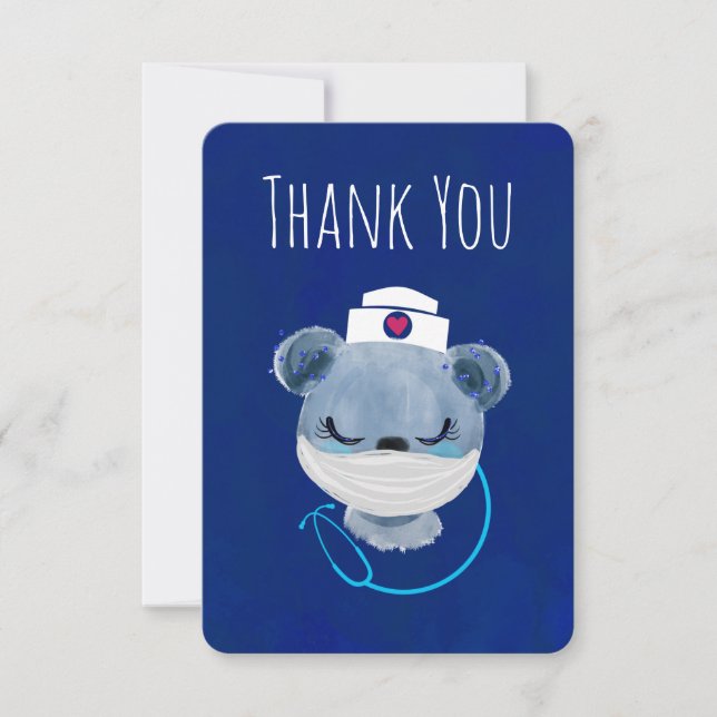 Tarjeta De Agradecimiento Enfermera de oso azul lindo con una máscara protec (Anverso)