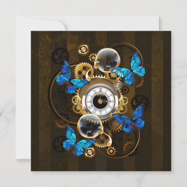 Tarjeta De Agradecimiento Engranajes Steampunk y Mariposas Azules (Anverso)
