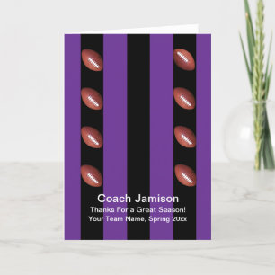 Tarjeta De Agradecimiento Entrenador de fútbol, morado/negro en blanco dentr