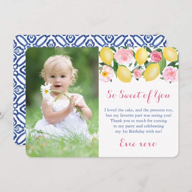 Tarjeta De Agradecimiento Eres Tan Dulce Limones Positano Rosa Fiesta Foto (Anverso / Reverso)