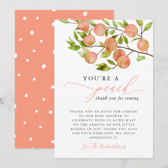 Tarjeta De Agradecimiento Eres un Baby Shower de Peach (Anverso / Reverso)