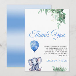 Tarjeta De Agradecimiento Es un Baby Shower azul de globo de niño elefante