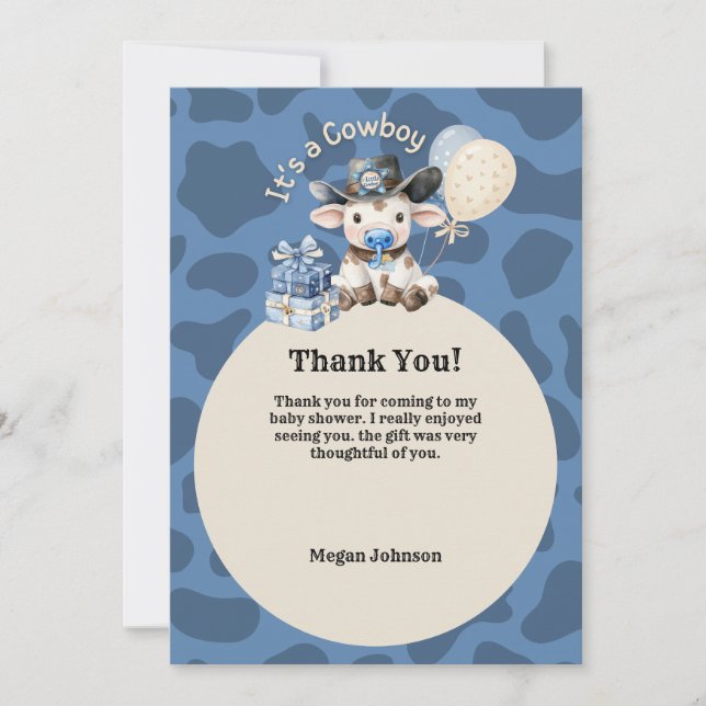 Tarjeta De Agradecimiento Es un Baby Shower azul y beige de cowboy (Anverso)