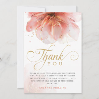 Tarjeta De Agradecimiento Es un Baby Shower moderno con flores de oro rosado