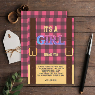 Tarjeta De Agradecimiento Es un chica Rústico Lumberjack Flannel Baby Shower