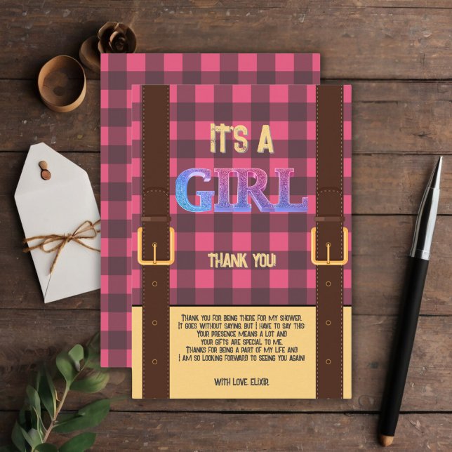Tarjeta De Agradecimiento Es un chica Rústico Lumberjack Flannel Baby Shower (Subido por el creador)