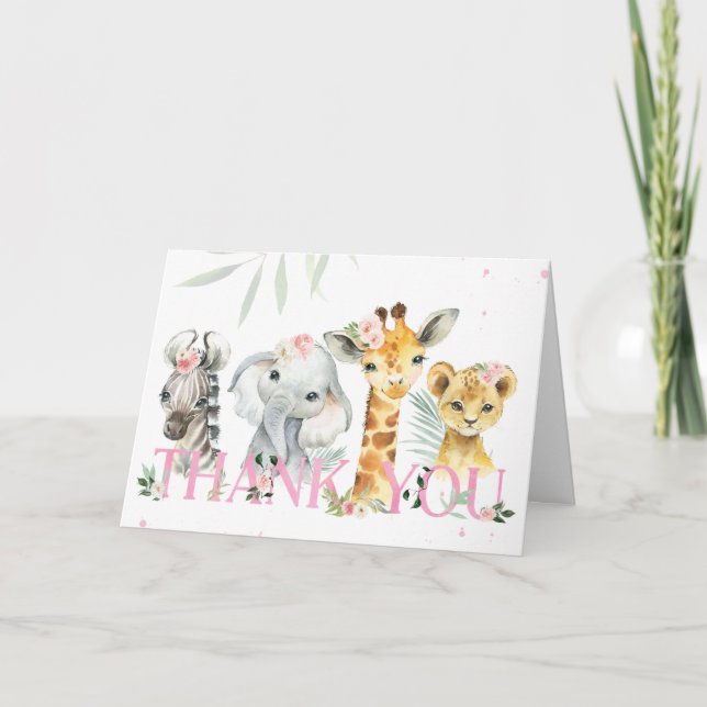 Tarjeta De Agradecimiento Es un Chica Safari Animals Baby Shower (Anverso)