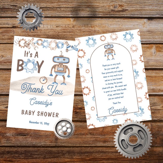 Tarjeta De Agradecimiento Es un niño lindo azul | Greige Robot Baby Shower (It's A Boy Cute Blue and Greige Robot Baby Shower Thank You Card)