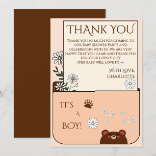 Tarjeta De Agradecimiento ¡Es un niño! Oso lindo y flores de margarita para 