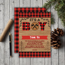Tarjeta De Agradecimiento Es un niño Rustic Wood Plaid Baby Shower